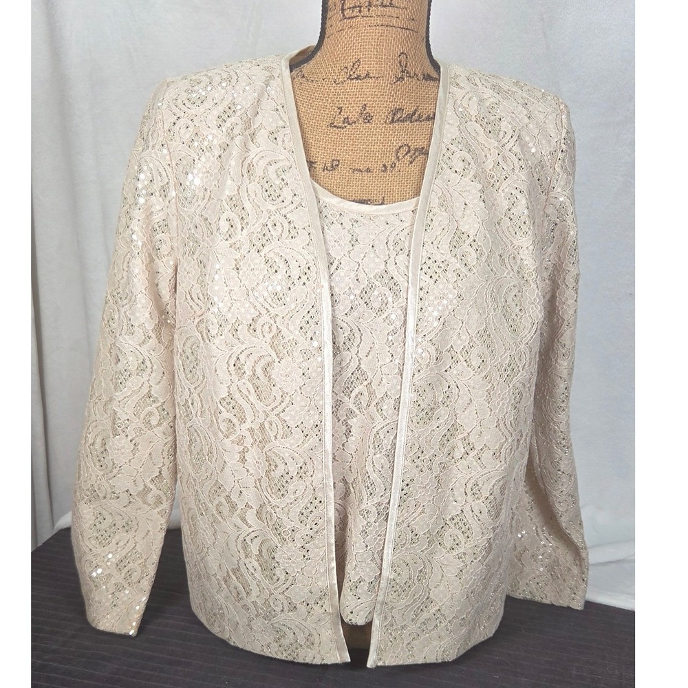 R&M Richards Sequin Lace 2-piece Jacket Womens 8P Cream Open Front Formal Glam